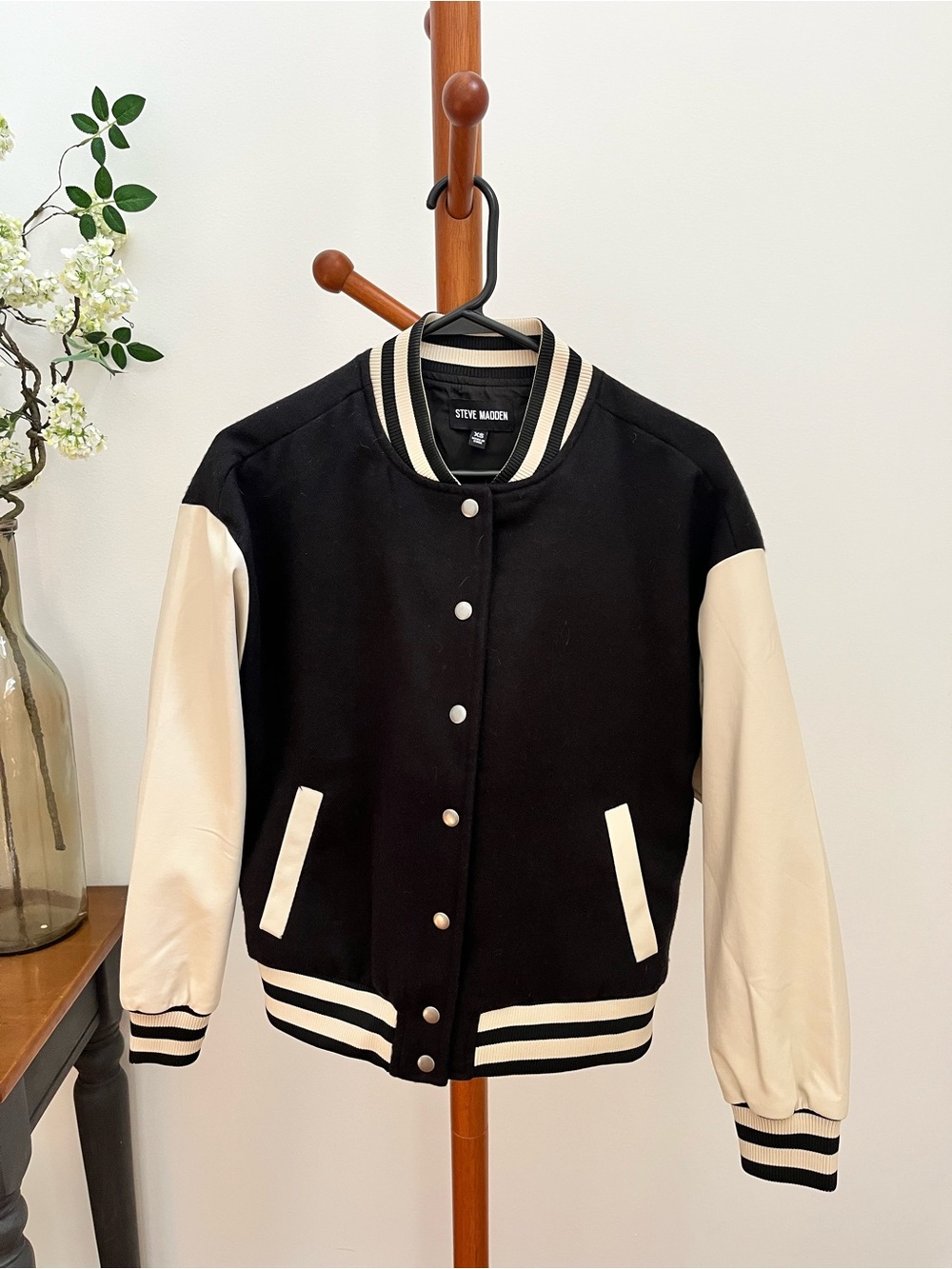 Steve Madden Black and Cream Varsity Jacket